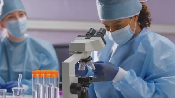 Duas Trabalhadoras Laboratório Que Usam Epi Analisando Amostras Laboratório Com — Vídeo de Stock