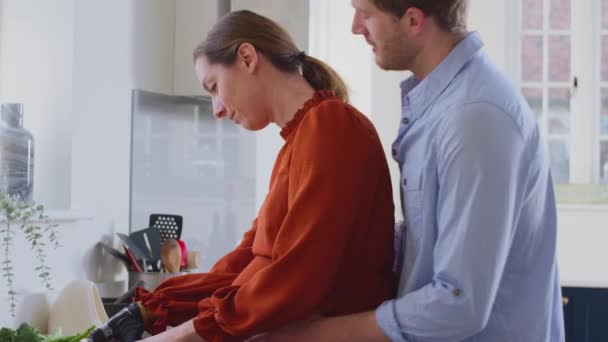 妊娠中のカップルで義肢のある女性がキッチンで食事を準備 スローモーションで撮影 — ストック動画