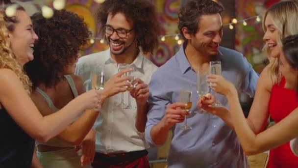 Gruppo Multiculturale Amici Che Festeggiano Brindisi Con Champagne Godendosi Serata — Video Stock