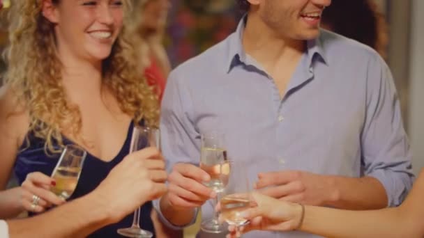 Мультикультурная Группа Друзей Празднующих Тост Шампанским Наслаждающихся Вечеринкой Баре Клубе — стоковое видео