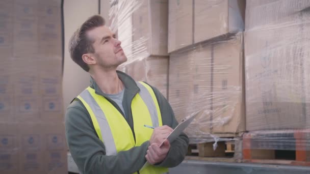 Mannlig Arbeidstaker Godstransportvirksomhet Som Kontrollerer Lastebilen Som Lastes Fordelingslageret Med – stockvideo