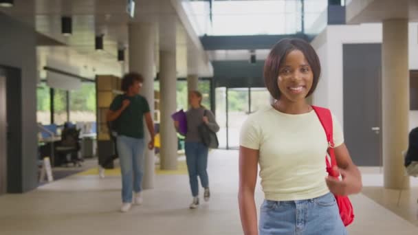 Portrait Smiling Female Student Busy University College Building Shot Slow — Stock Video
