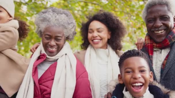 Camera Tracks Faces Smiling Multi Generation Family Looking Camera Walk — Stock Video