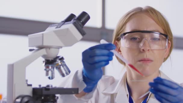 女性研究室の研究員が血液サンプルをスライドに入れて顕微鏡下で分析する スローモーションで撮影 — ストック動画
