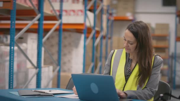 Kvinnlig Chef Bär Hög Visselväst Sitter Laptop Upptagen Distribution Lager — Stockvideo