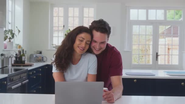 Tracking Shot Loving Transgender Couple Streaming Movie Laptop Kitchen Home — Stock Video