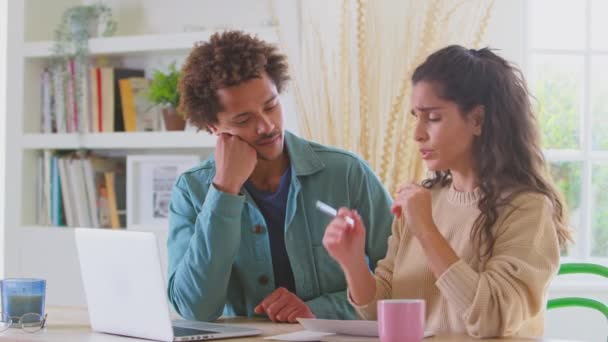 Worried Couple Home Debt Using Laptop Check Bills Home Finance — Stock Video