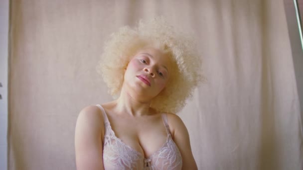 Strzał Studyjny Pewnej Siebie Pozytywnej Młodej Albinoski Bieliźnie Spoglądającej Kamerę — Wideo stockowe