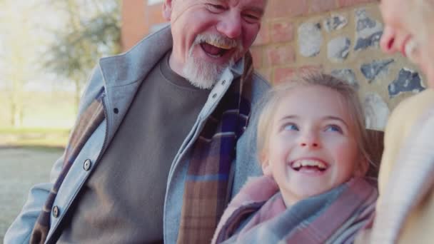 Kakek Nenek Duduk Kursi Dengan Cucu Luar Rumah Siap Untuk — Stok Video