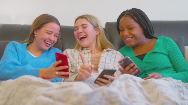 Gruppe Multikultureller Teenager Freundinnen Die Hause Auf Dem Sofa Unter — Stockvideo