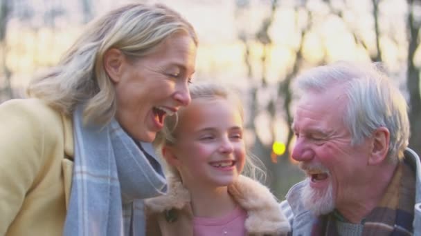 Porträt Von Liebenden Großeltern Die Mit Ihrer Enkelin Draußen Durch — Stockvideo