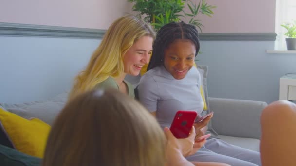Groep Multiculturele Tienervriendinnen Kijkt Naar Mobiele Telefoons Die Bank Hangen — Stockvideo