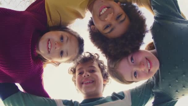Retrato Baixo Ângulo Crianças Divertindo Brincando Livre Ligando Braços Olhando — Vídeo de Stock