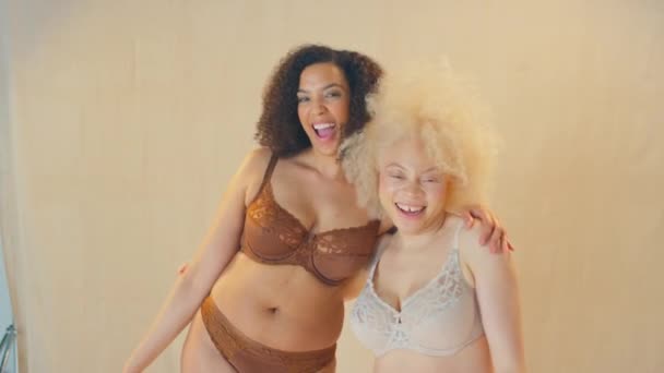 Studio Shot Two Female Friends Wearing Underwear Smiling Laughing Dancing — Stock Video