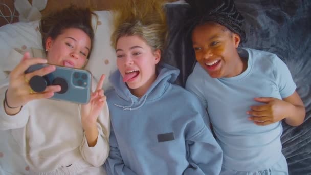 Bir Grup Çok Kültürlü Genç Kız Arkadaşın Cep Telefonunda Özçekim — Stok video