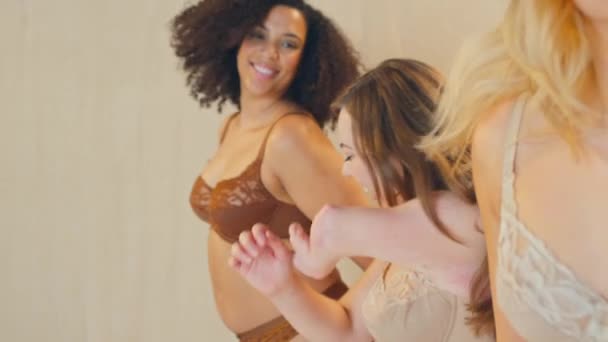 Group Diverse Women Friends Studio Wearing Underwear Promoting Body Positivity — Stock Video