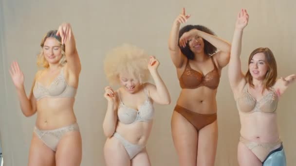 Group Diverse Women Friends One Prosthetic Limb Studio Wearing Underwear — Stock Video