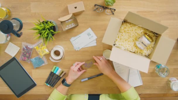 Overhead Shot Woman Running Online Business Making Candles Packaging Them — Stock Video