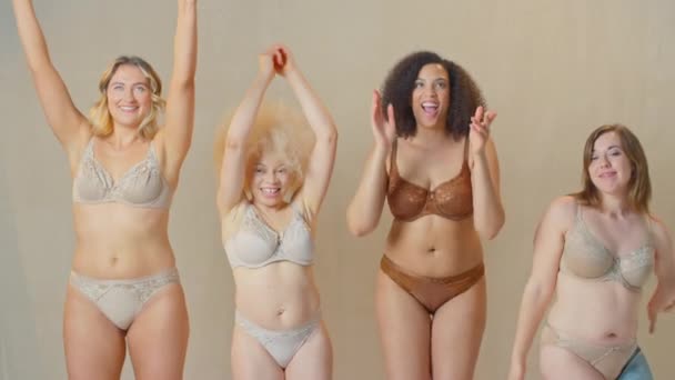 Group Diverse Women Friends One Prosthetic Limb Studio Wearing Underwear — Stock Video