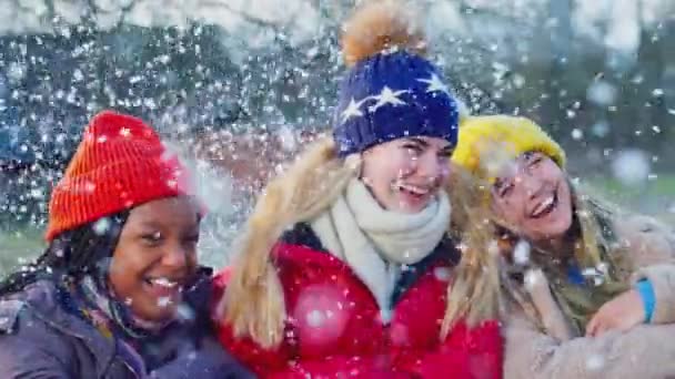 Portret Nastoletnich Dziewcząt Korzystających Śnieżnego Zimowego Spaceru Wsi Nakręcony Zwolnionym — Wideo stockowe