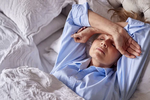 Menopausal Mature Woman Suffering Insomnia Bed Home Using Electric Fan ...