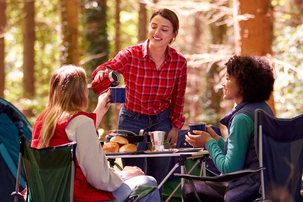 Group Female Friends Camping Holiday Forest Drinking Coffee Sitting Tent — ストック写真