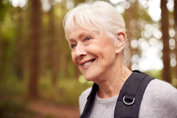 Active Retired Senior Woman Walking Woodland Countryside Wearing Backpack — Stockfoto