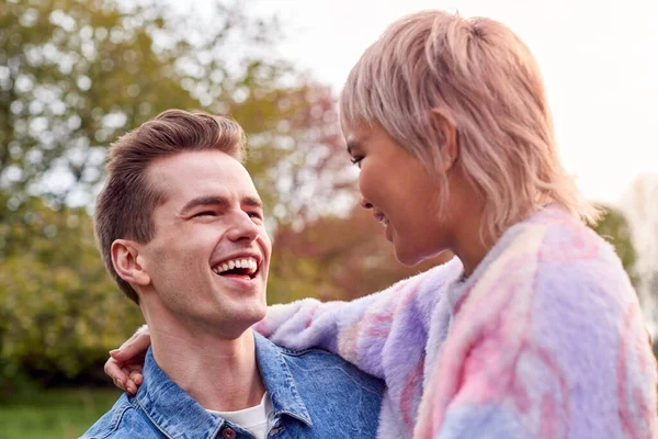 Loving Couple Outdoors Countryside Laughing Hugging — Stockfoto