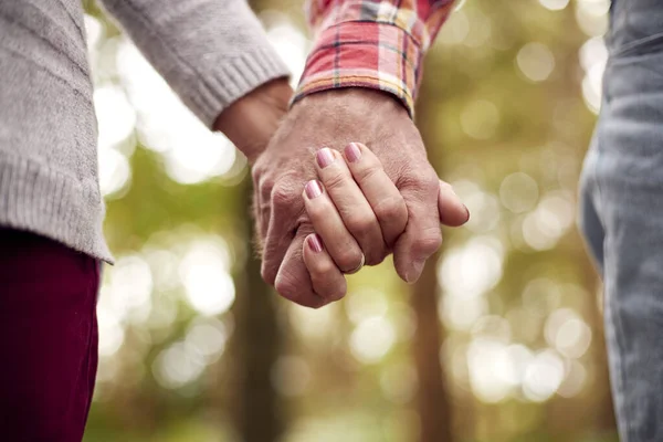 Close Loving Retired Senior Couple Holding Hands Walk Woodland Countryside — Stockfoto