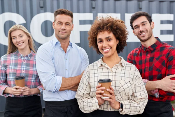 Portrait Team Working Coffee Shop Distribution Business Standing Shipping Container — Stock Photo, Image