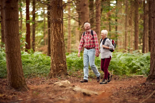 Loving Retired Senior Couple Hiking Woodland Countryside Together — Stockfoto