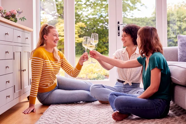 Group Female Friends Relaxing Home Sitting Lounge Chatting Celebrating Glass — Stok fotoğraf