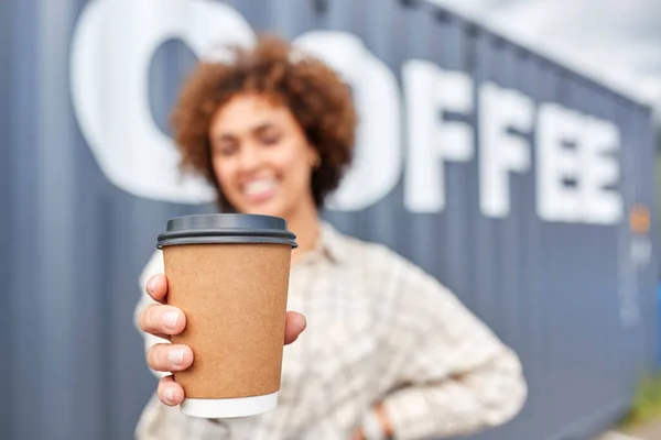 Portrait Female Owner Coffee Shop Distribution Business Standing Shipping Container — Stok fotoğraf