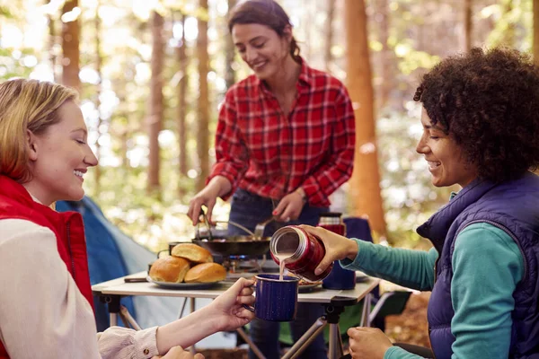 Group Female Friends Camping Holiday Forest Drinking Coffee Sitting Tent — Stok fotoğraf