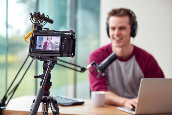 Male Vlogger Laptop Recording Video Home Camera — Stockfoto