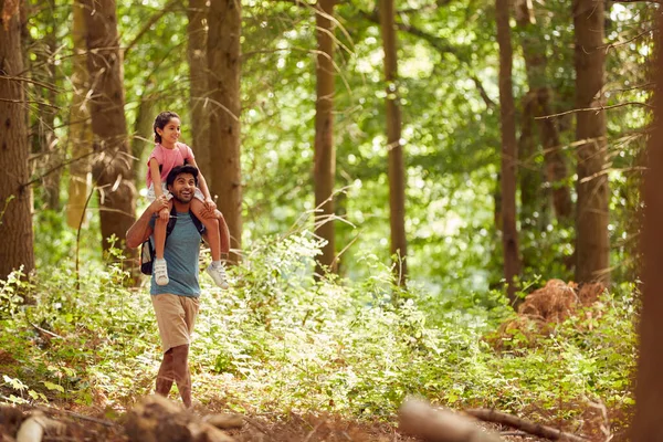 Father Carrying Daughter Shoulders Hiking Walking Woodland Countryside — Foto de Stock