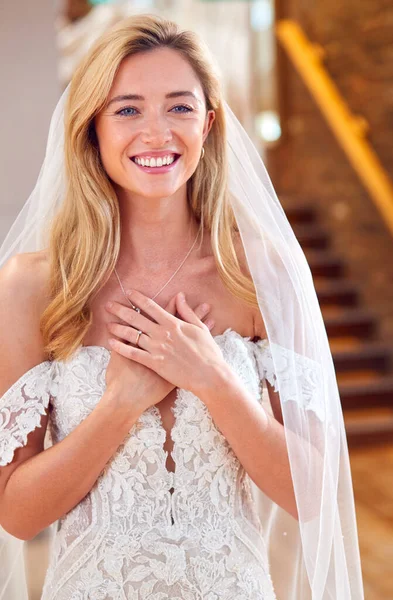 Smiling Bride Bridal Store Trying Wedding Dress — Stock Photo, Image