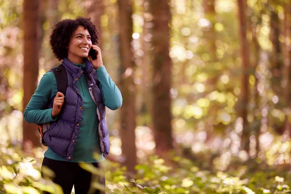 Woman On Hike Through Forest Talking On Mobile Phone