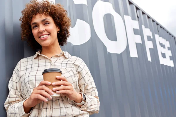 Portrait Female Owner Coffee Shop Distribution Business Standing Shipping Container — Stock Photo, Image