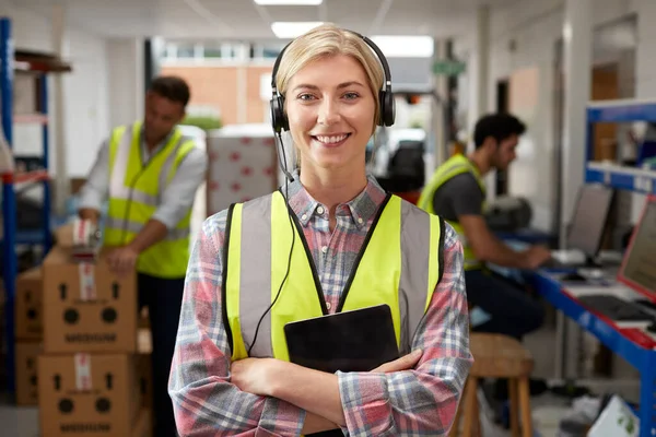 Portrait Female Worker Using Headset Distribution Warehouse Digital Tablet — Stockfoto