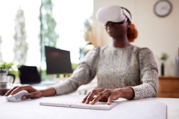 Woman Working Home Office Sitting Desk Wearing Headset Using Technology — Φωτογραφία Αρχείου