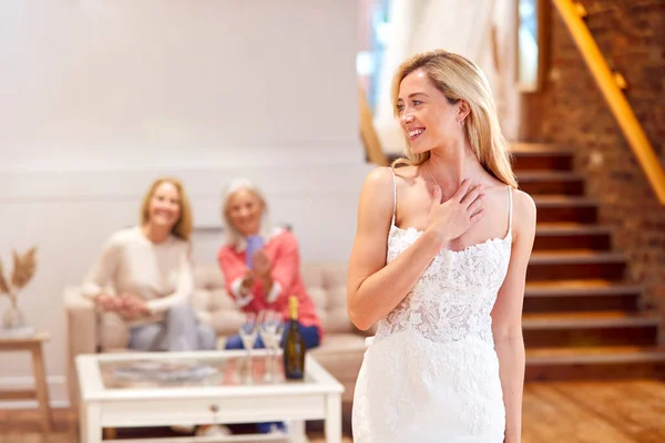 Grandmother Mother Watching Adult Daughter Choosing Trying Wedding Dress Bridal — Fotografia de Stock