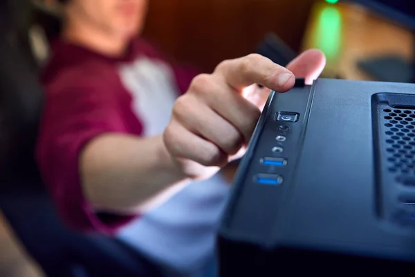 Close Man Gaming Home Turning Power Switch Computer — Stock Photo, Image