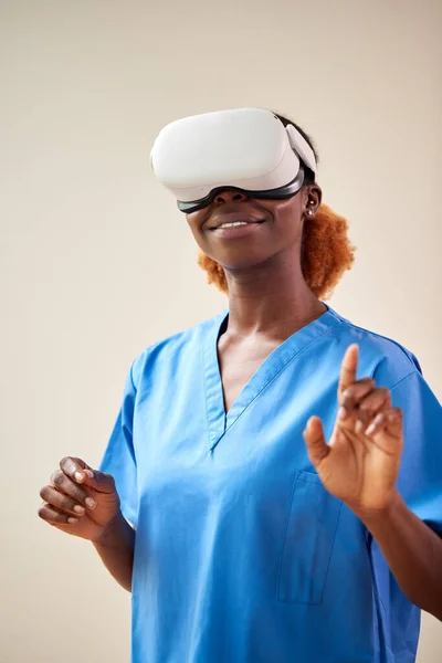 Female Nurse Doctor Scrubs Headset Interacting Technology — Stock Photo, Image
