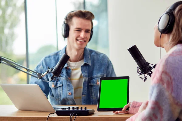 Couple Recording Podcast Broadcasting Interview Radio Studio Home Digital Tablet — Stock Photo, Image