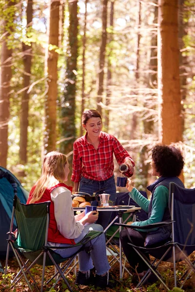 Group Female Friends Camping Holiday Forest Drinking Coffee Sitting Tent — Photo