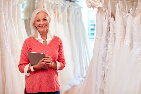 Portrait Owner Bridal Wedding Dress Shop Digital Tablet — Fotografia de Stock