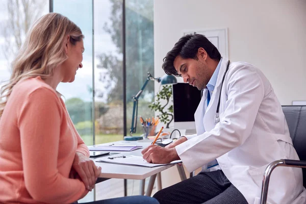 Male Doctor Or GP Meeting Mature Female Patient For Appointment In Office Making Notes On Clipboard