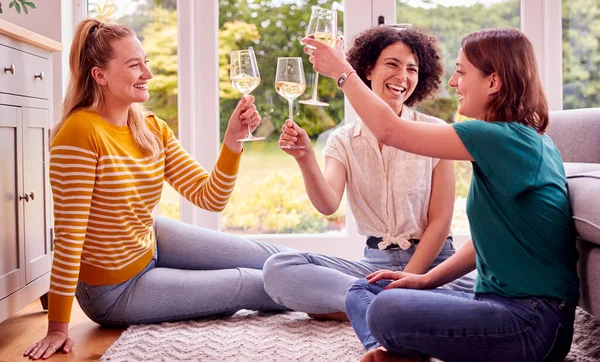 Group Female Friends Relaxing Home Sitting Lounge Chatting Celebrating Glass — Zdjęcie stockowe