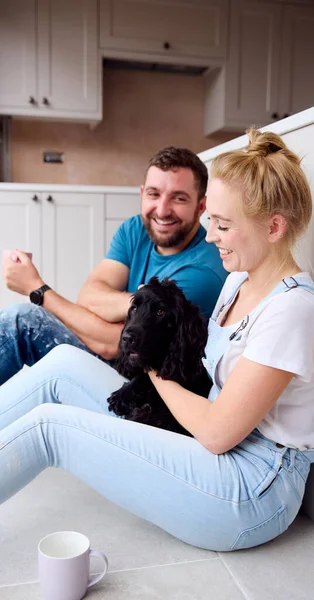 ペットと遊ぶ家での改装されたキッチンからのコーヒーブレイクでカップル Spaniel Dog — ストック写真